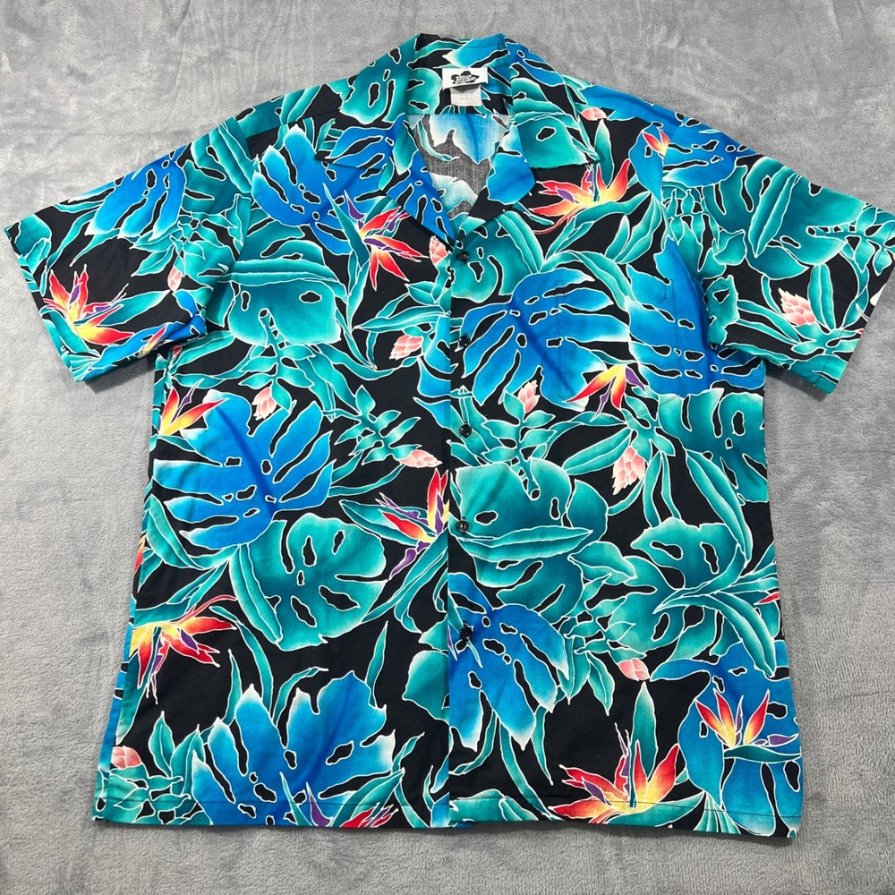 VTG Hilo‎ Hattie Hawaiian Shirt Mens XL Blue Teal Monstera Bird of Paradise